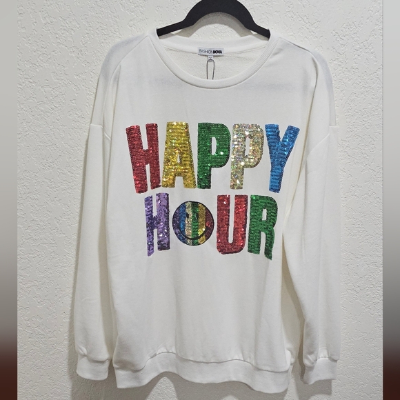Fashion Nova Tops - Fashion Nova Sequin Happy Hour Sweatshirt Ivory Size L Colorful Rainbow Holiday